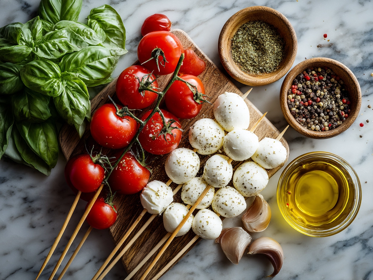 Ingredients for Caprese Skewer including cherry tomatoes, mozzarella, fresh basil, balsamic glaze, olive oil, and skewers