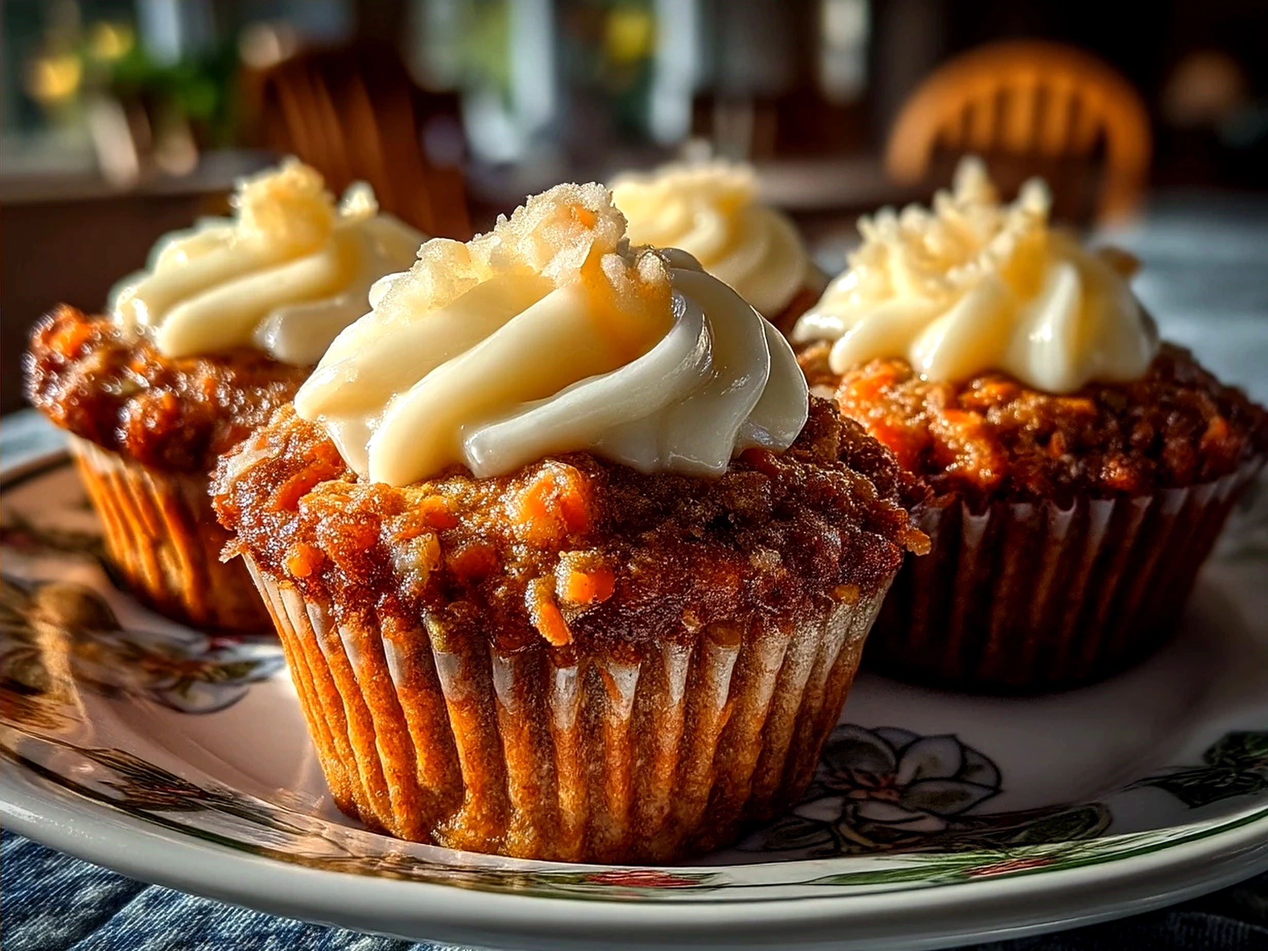 Delicious Carrot Cake Muffins topped with cream cheese frosting on a plate
