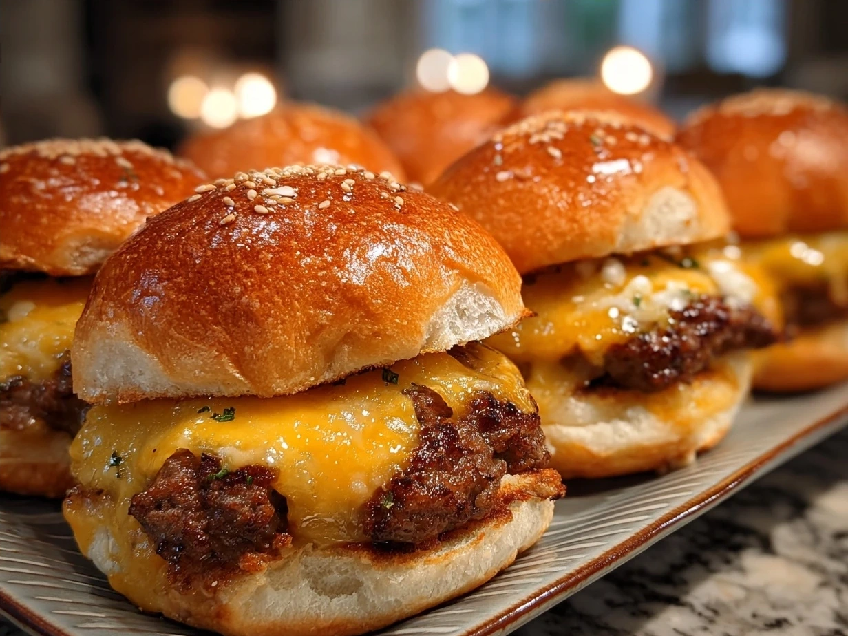 Beautifully plated Cheeseburger Sliders on Hawaiian Rolls served warm on a platter