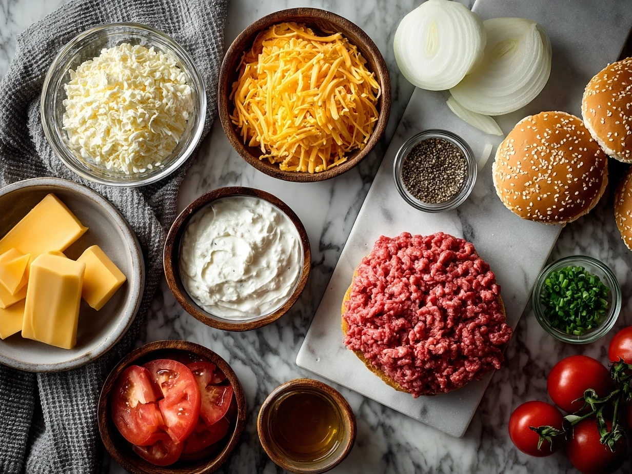 Ingredients for Cheeseburger Sliders on Hawaiian Rolls laid out on a kitchen counter