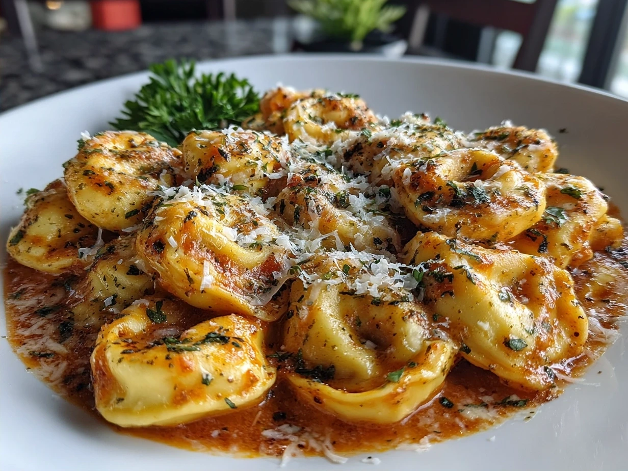 A plate of Cheese Tortellini in Creamy Marinara garnished with fresh herbs and grated parmesan