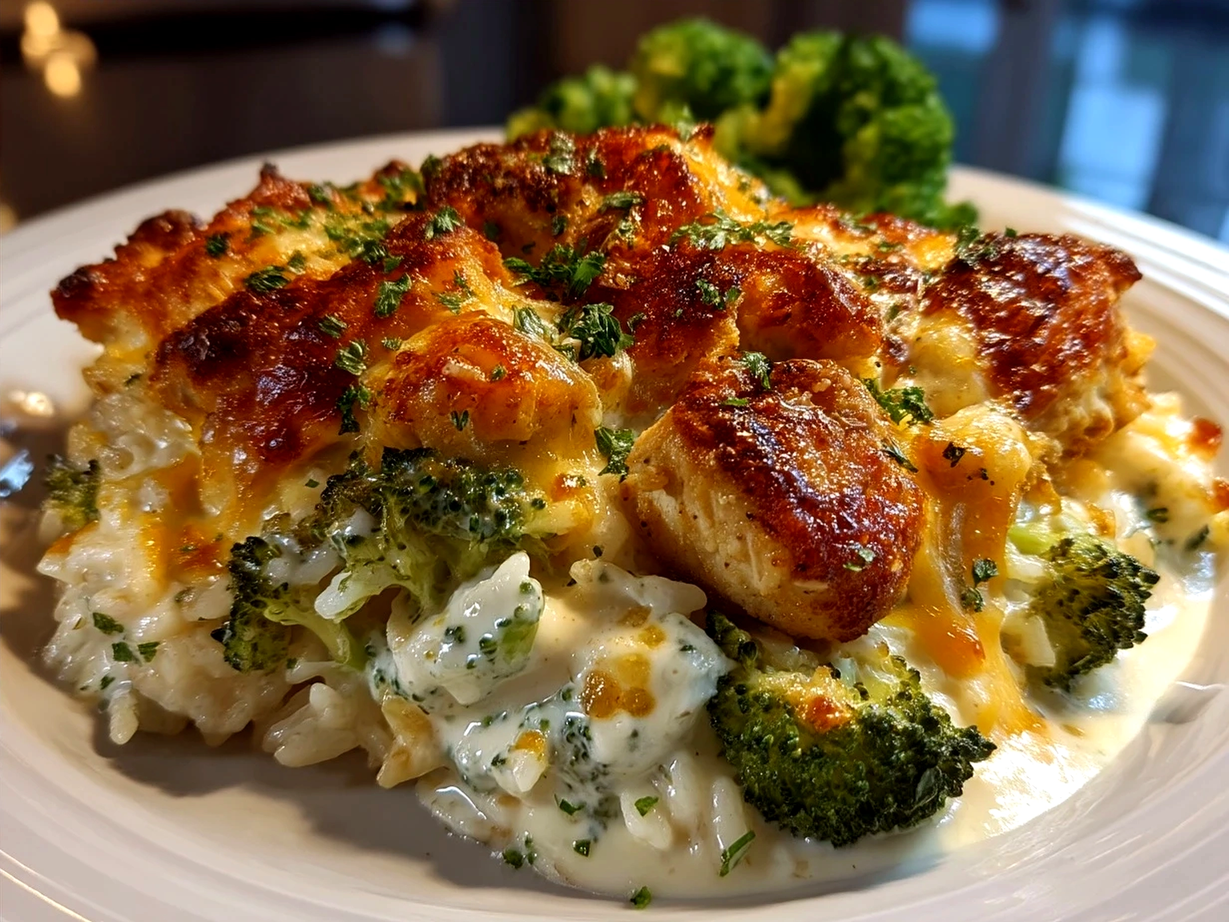 Serving Cheesy Broccoli Chicken and Rice Casserole in a dish