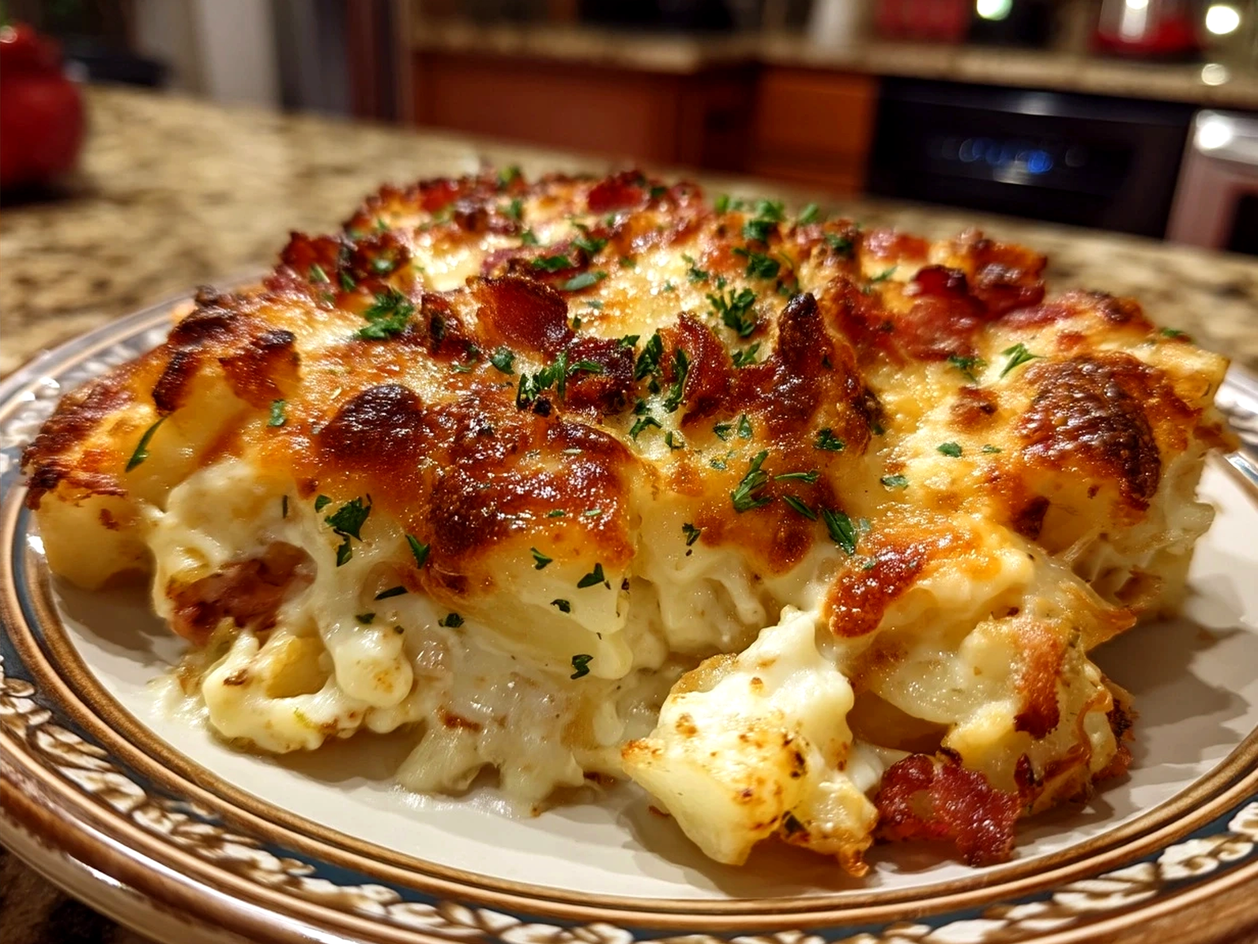 Baked cheesy potatoes served on a plate with garnish