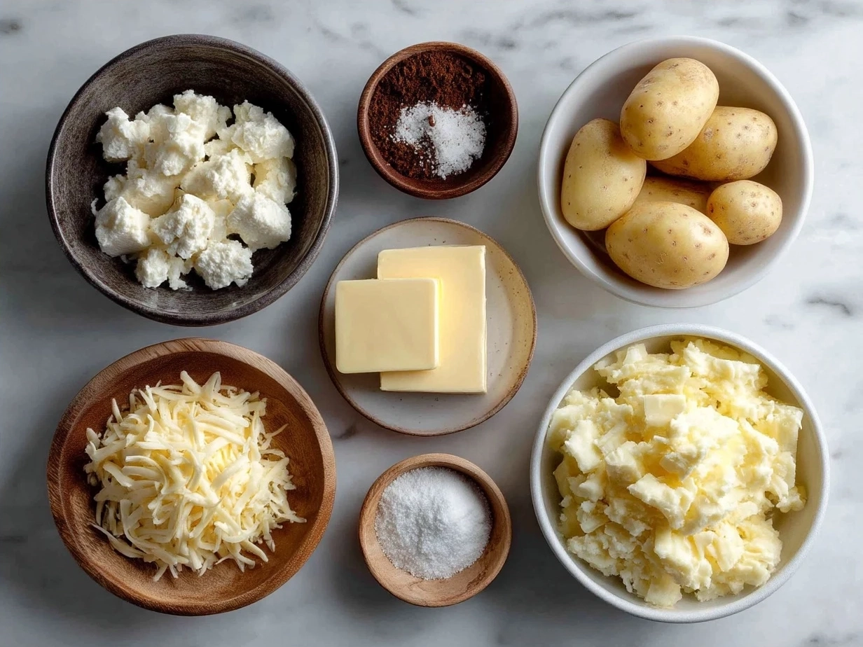 Ingredients for cheesy potatoes including potatoes, cheddar cheese, parmesan, sour cream, and butter