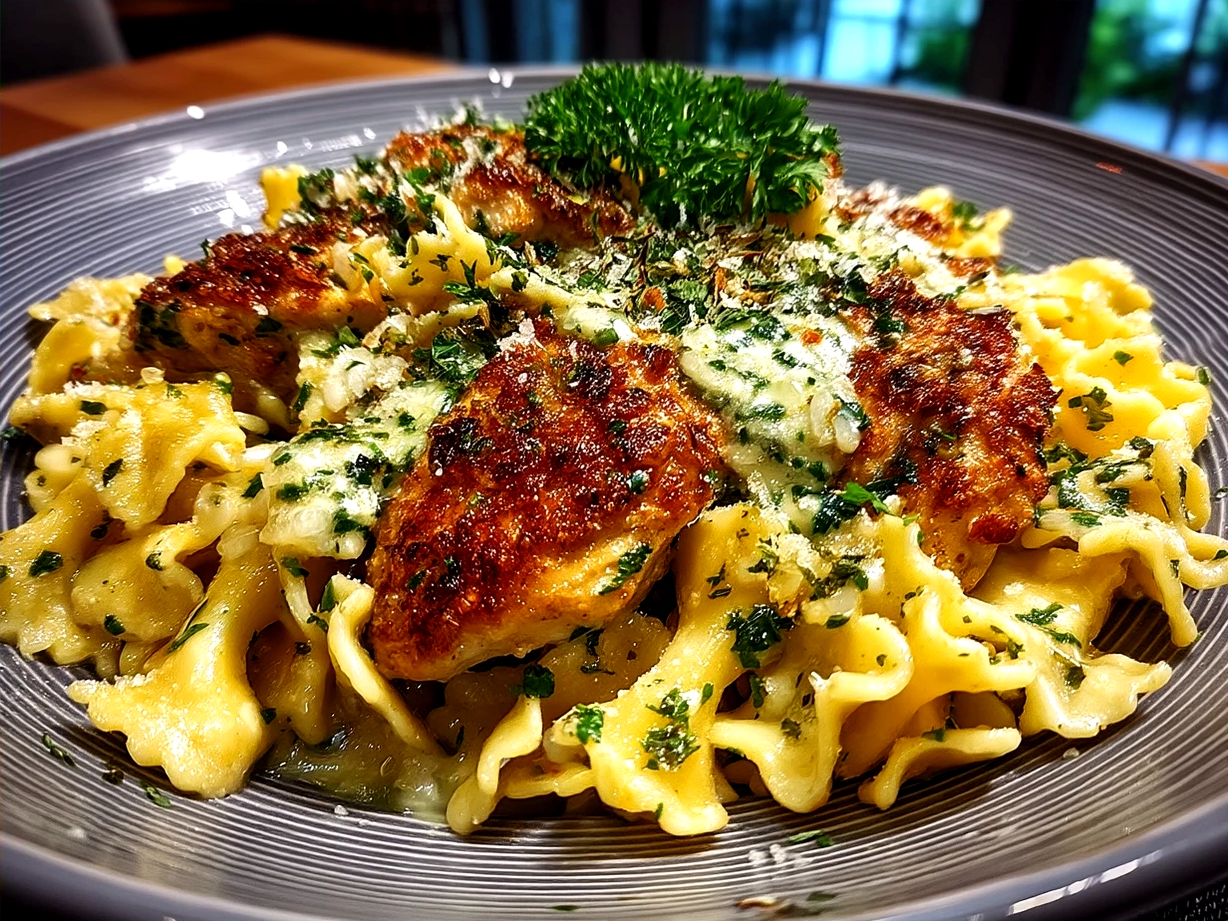 Served Chicken Garlic Parmesan Pasta on a plate garnished with parsley