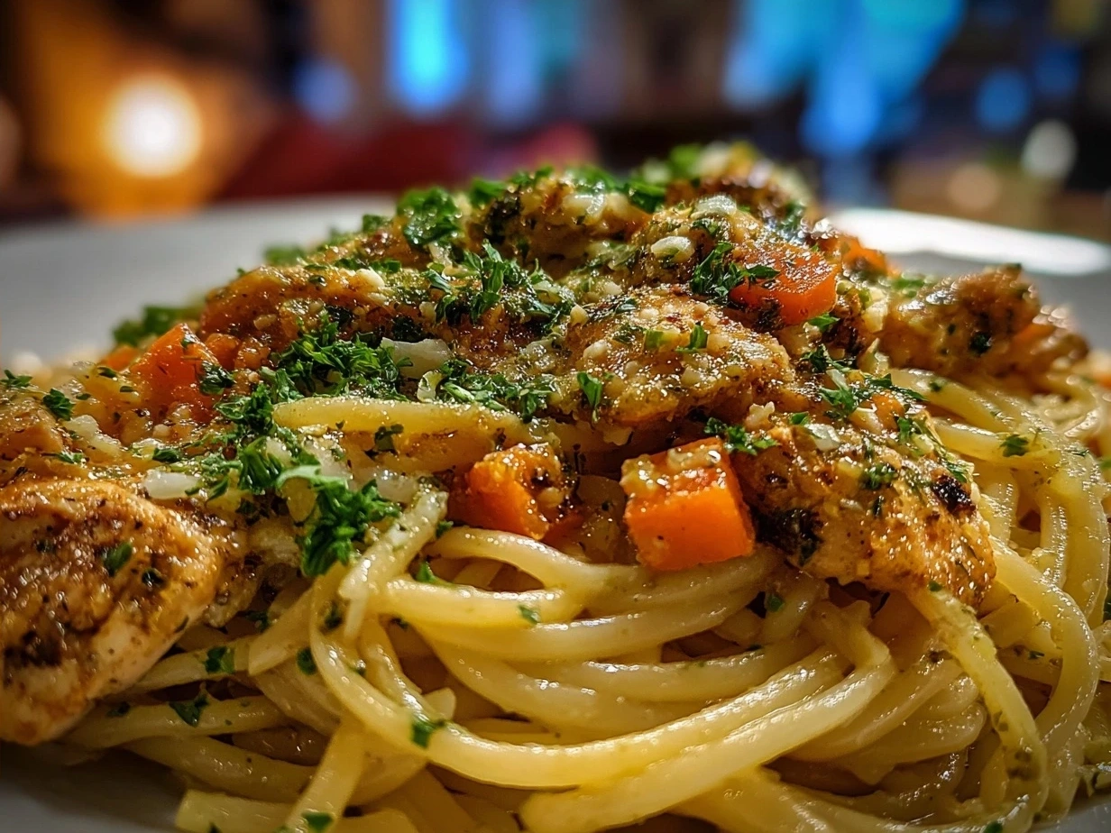 Served chicken spaghetti casserole with melted cheese on top, surrounded by side dishes