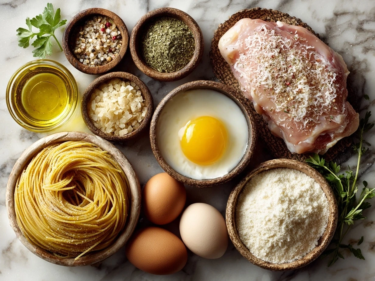 Ingredients laid out for chicken spaghetti including shredded chicken, spaghetti pasta, cream of mushroom soup, cream of chicken soup, sour cream, cheese, bell peppers, onions, and diced tomatoes