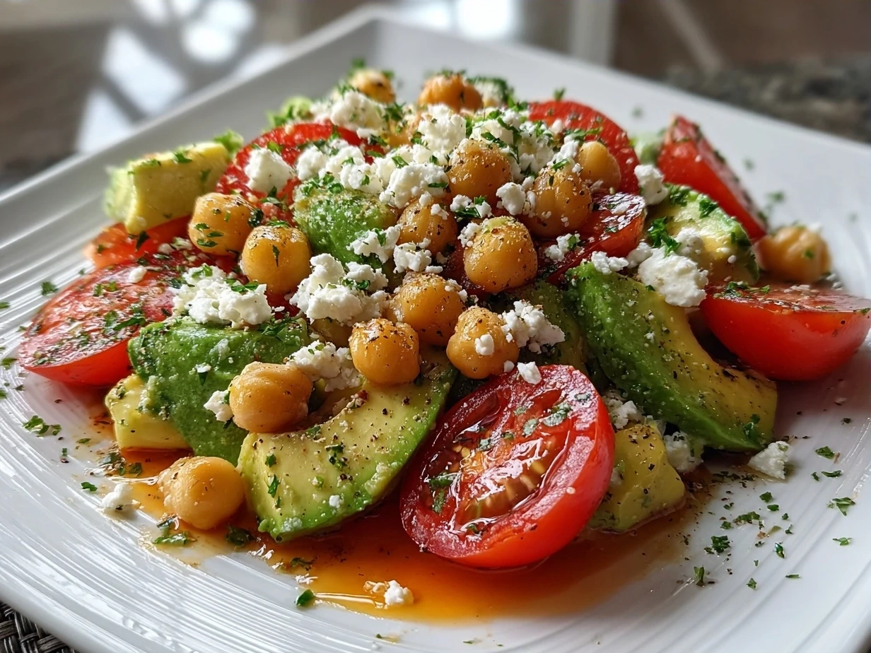 Serving plate with Chickpea Feta Avocado Salad garnished with fresh parsley and feta