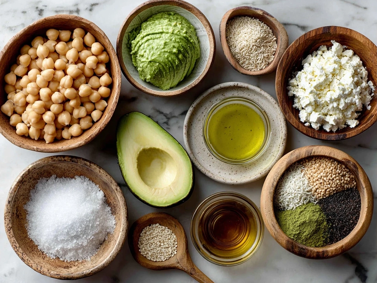 Ingredients for Chickpea Feta Avocado Salad including chickpeas, avocado, feta cheese, cherry tomatoes, cucumber, red onion, parsley, olive oil, lemon juice, oregano, salt, and pepper