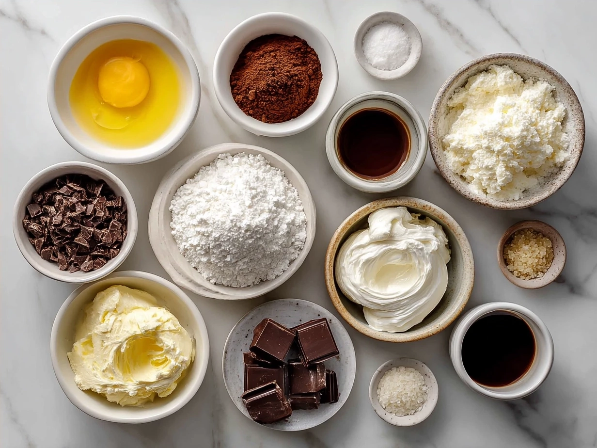 Ingredients for Chocolate Cream Delight neatly arranged on a kitchen counter