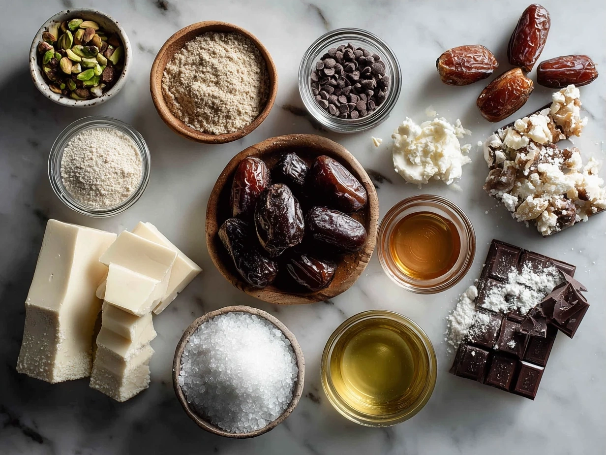 Ingredients for Chocolate Date Bark: dark chocolate, dates, mixed nuts, sea salt, and vanilla extract