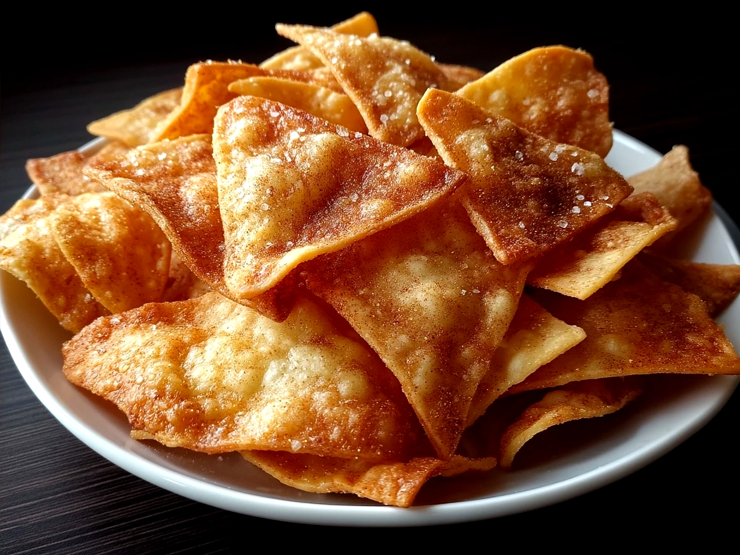 Serving bowl of homemade cinnamon tortilla chips with dipping sauces