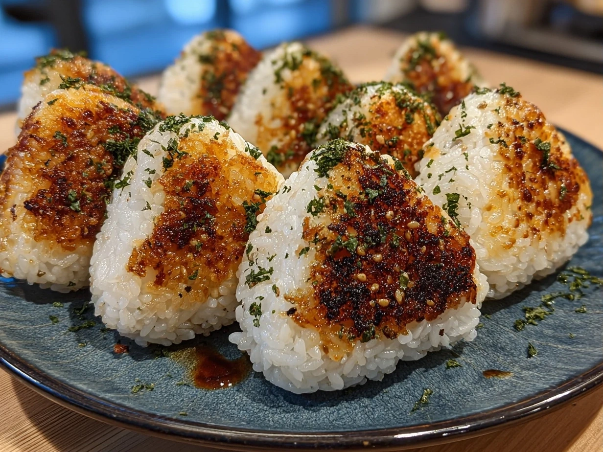Close up of finished Easy Yaki Onigiri rice balls with crispy browned edges