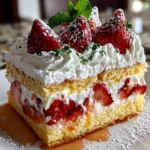 Close-up of freshly prepared strawberry shortcake on white plate