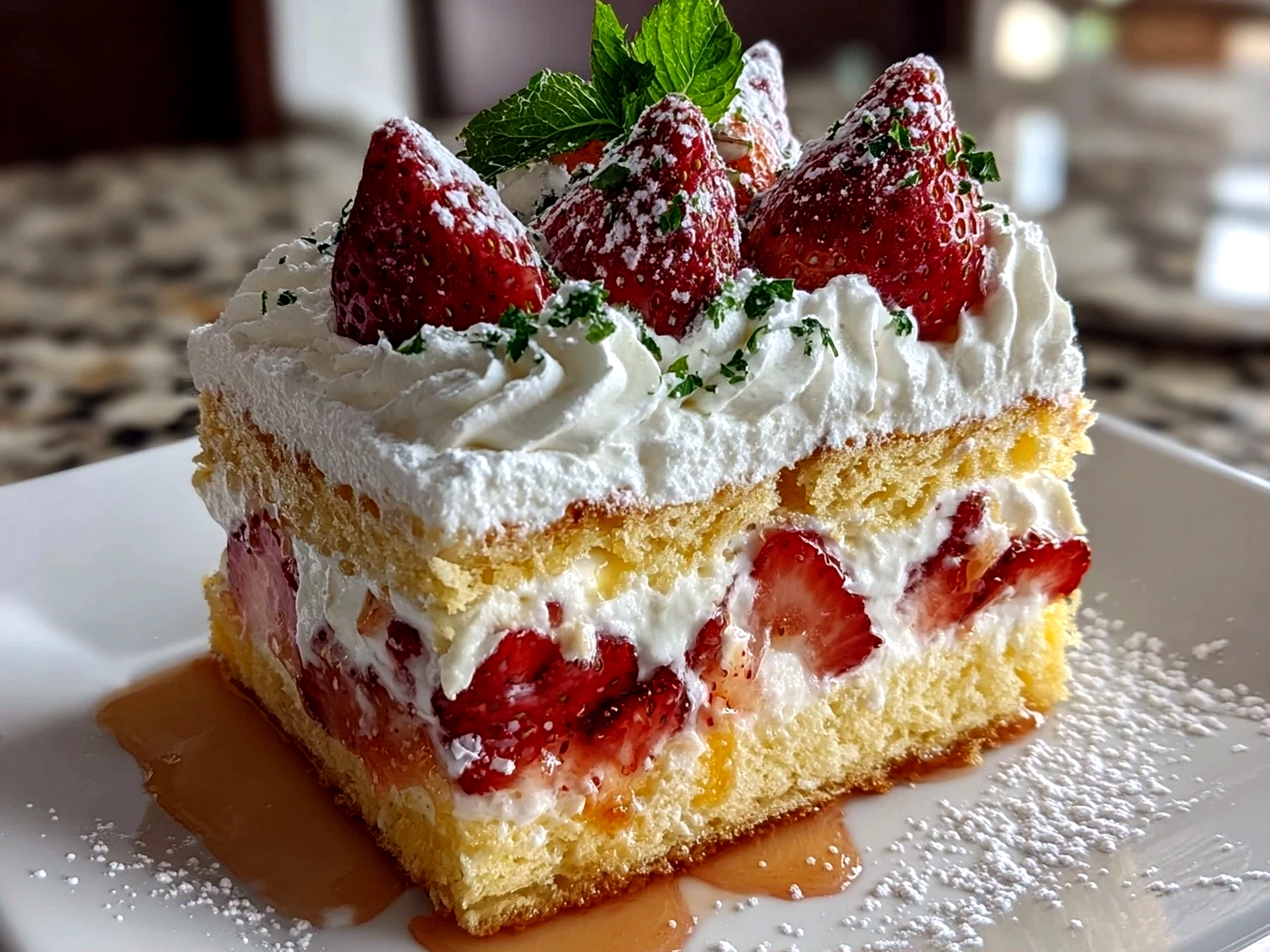 Close-up of freshly prepared strawberry shortcake on white plate