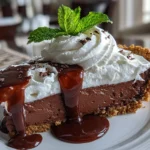 Close-up of homemade Chocolate Mint Pie on white plate