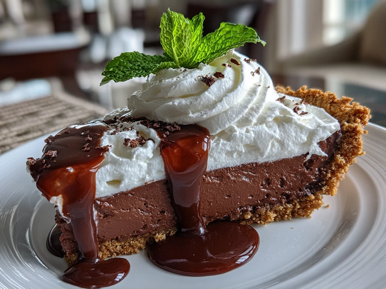 Close-up of homemade Chocolate Mint Pie on white plate