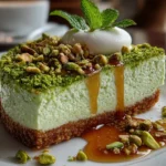 Close-up of homemade pistachio lush dessert on white plate