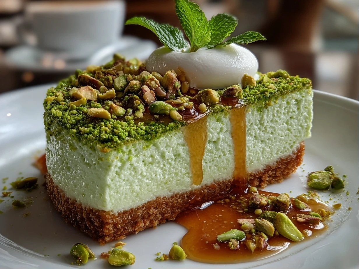 Close-up of homemade pistachio lush dessert on white plate