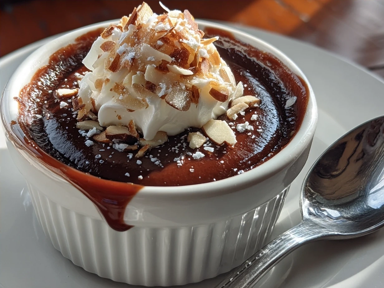 Chilled Coconut Almond Chocolate Pudding served in glass dishes with almond slivers on top