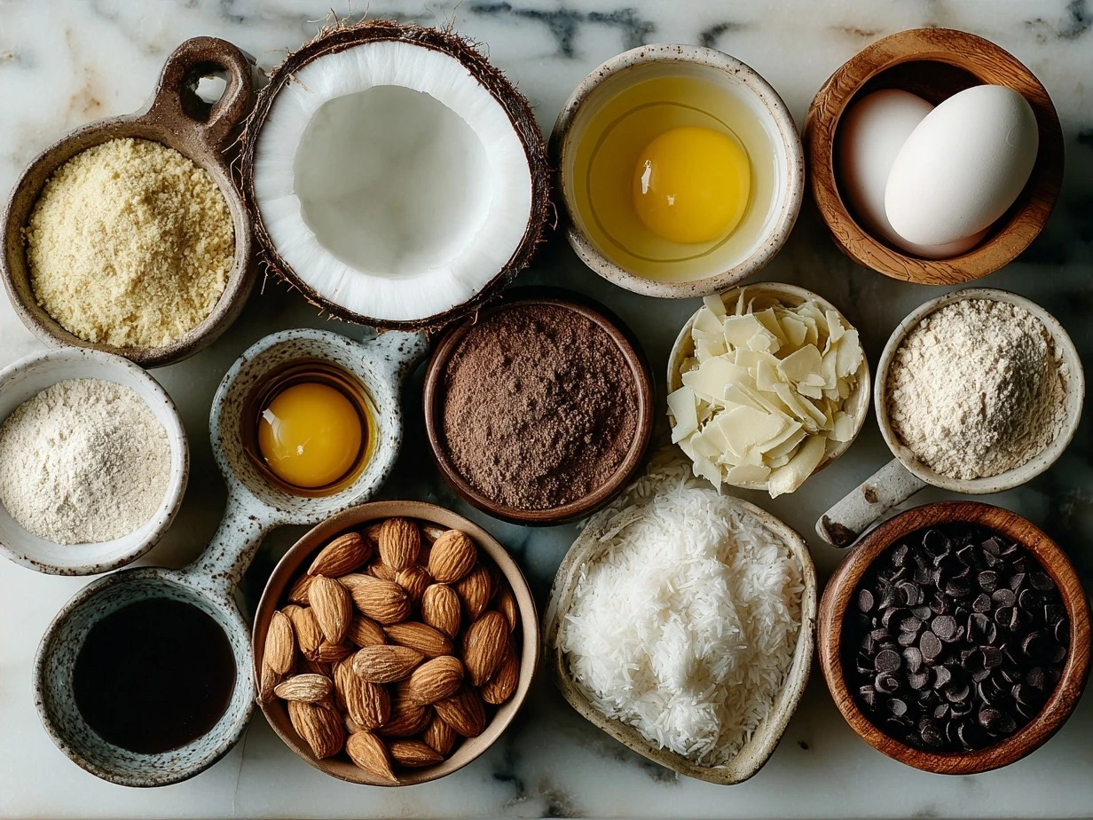 Ingredients for Coconut Almond Chocolate Pudding laid out on a table