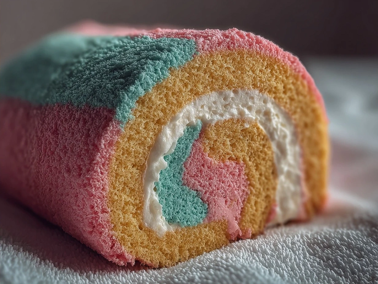 Finished Cotton Candy Swiss Cake Roll showing soft pink swirl cream filling on a plate