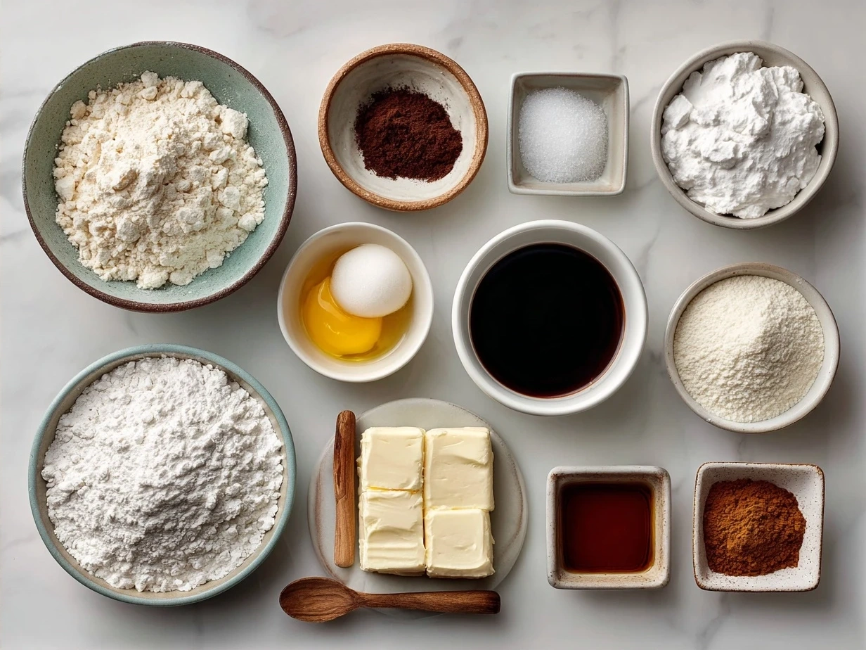 Ingredients for Cotton Candy Swiss Cake Roll including eggs, sugar, flour, cornstarch, baking powder, salt, vanilla extract, pink food coloring, heavy cream, powdered sugar, and cotton candy flavoring extract