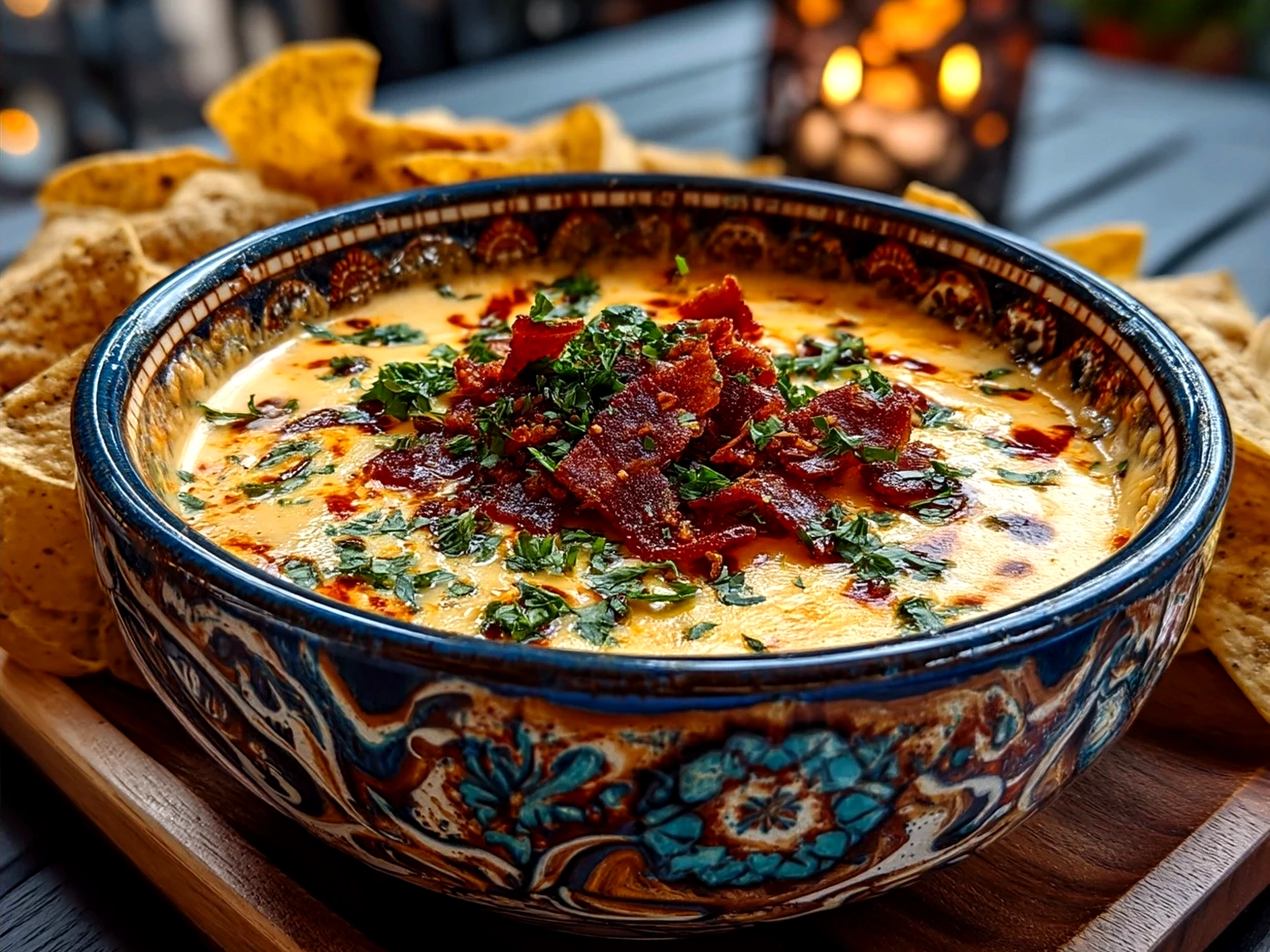 Rustic serving of Cowboy Queso Dip with tortilla chips and fresh vegetables