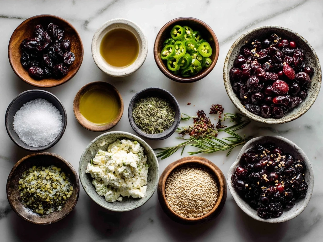 Ingredients for Cranberry Jalapeño Dip including cream cheese, cranberries, jalapeños, sugar, lemon juice, salt, pepper, and nuts