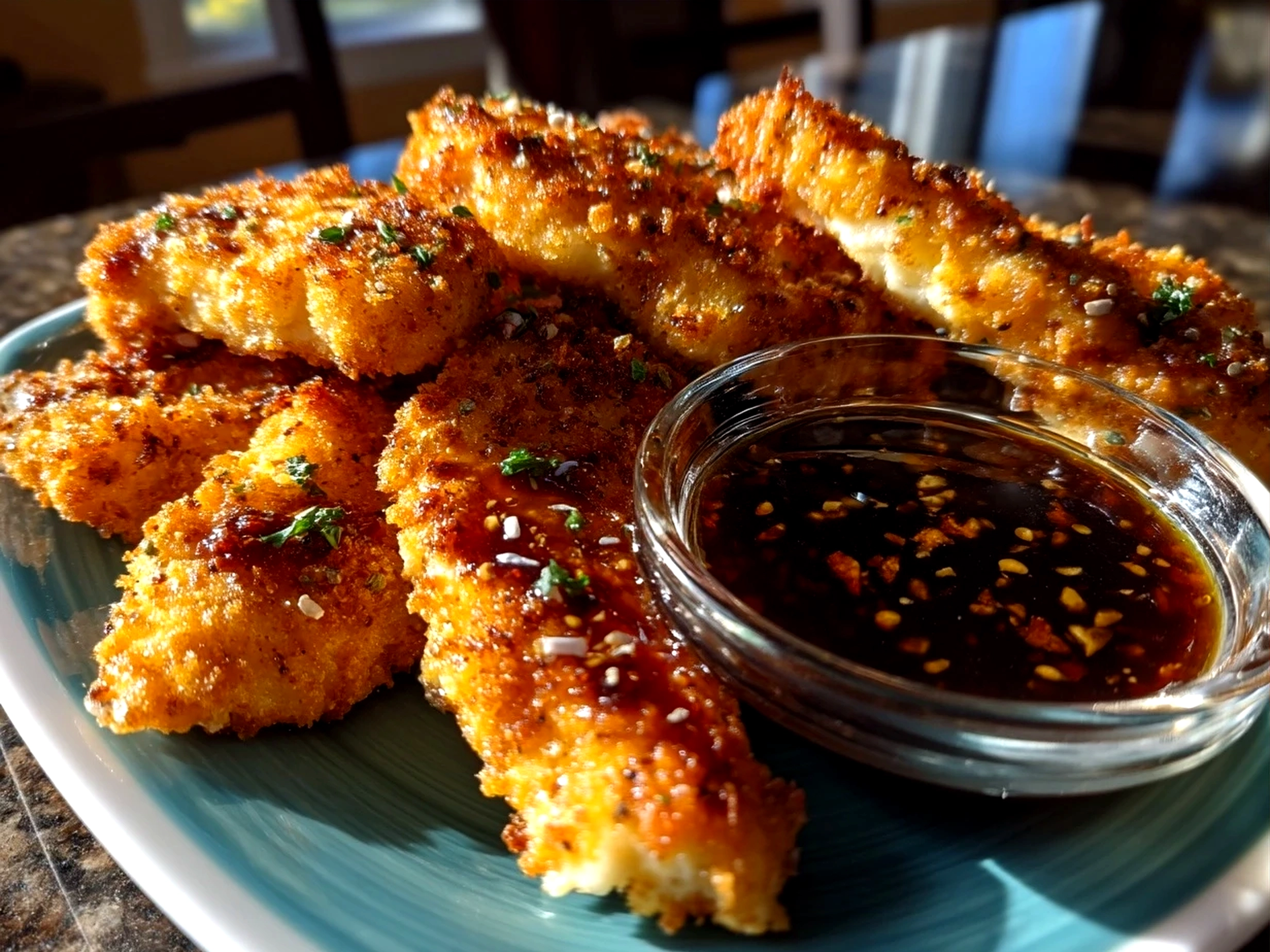 Plated Crispy Chicken Tenders with Dipping Sauce served with fresh salad