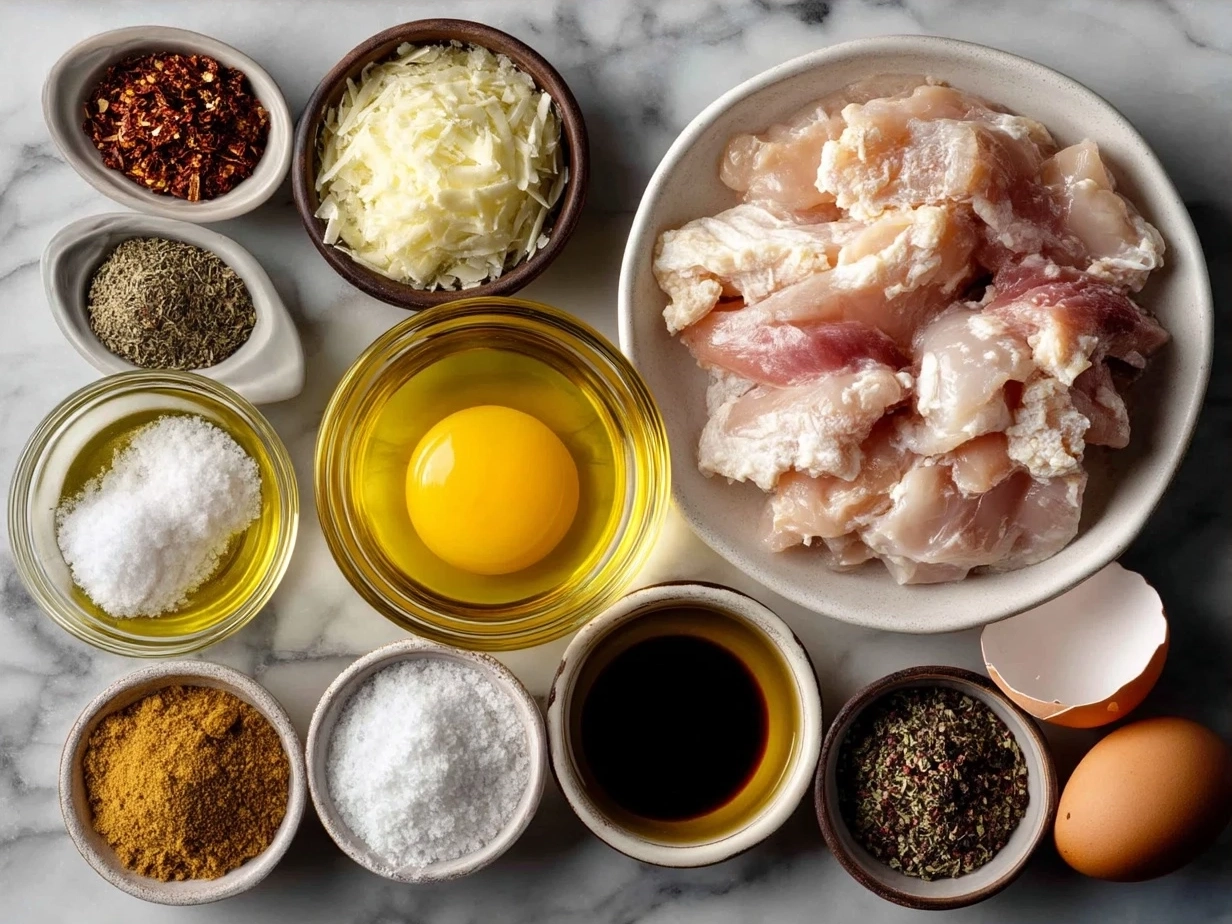 Ingredients for Crispy Chicken Tenders with Dipping Sauce including chicken, flour, eggs, panko breadcrumbs, and dipping sauce components