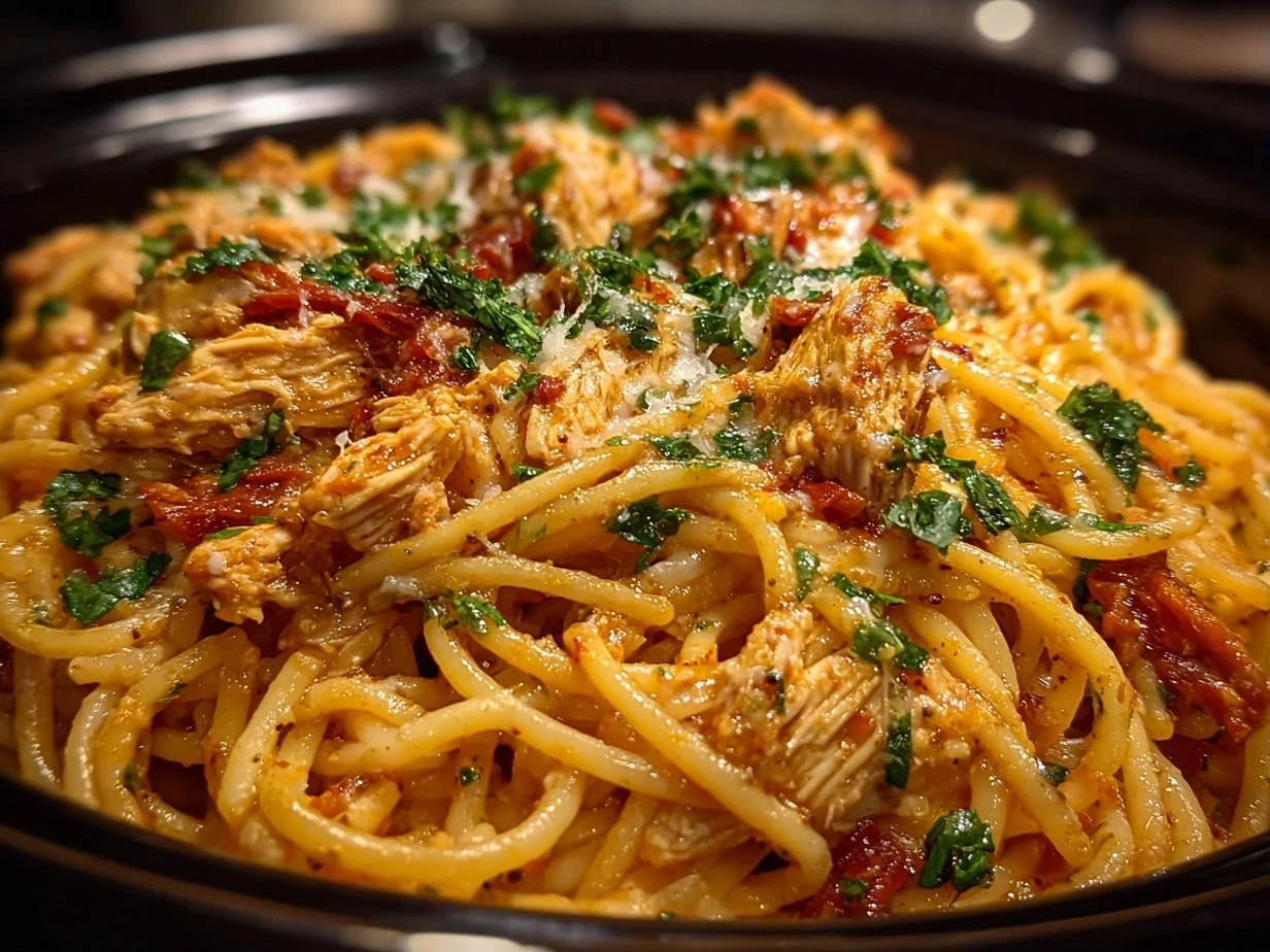 Final serving of creamy Crockpot Chicken Spaghetti on a plate ready to eat