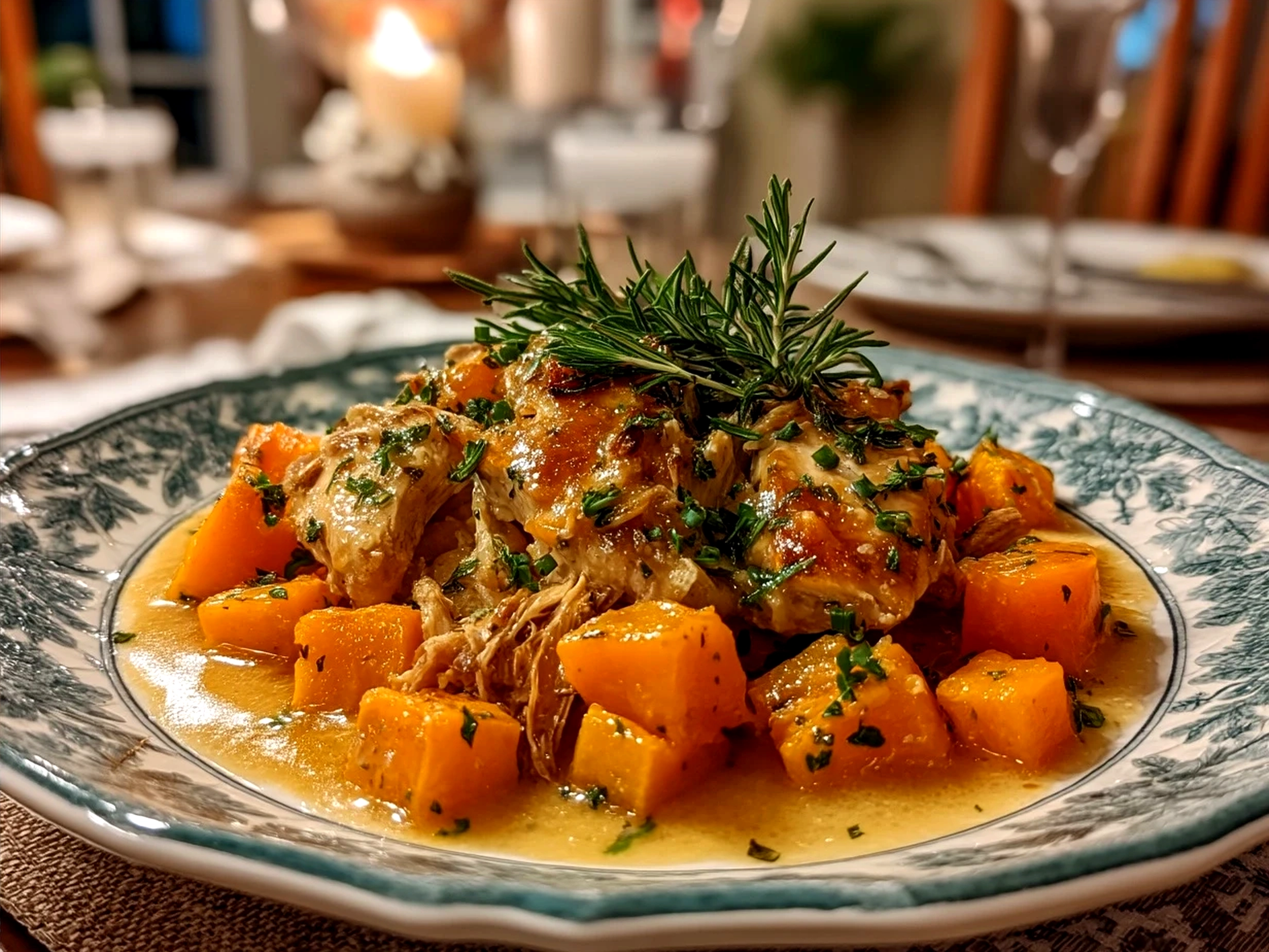 Served Crockpot Maple Dijon Chicken With Butternut Squash on a plate with side salad
