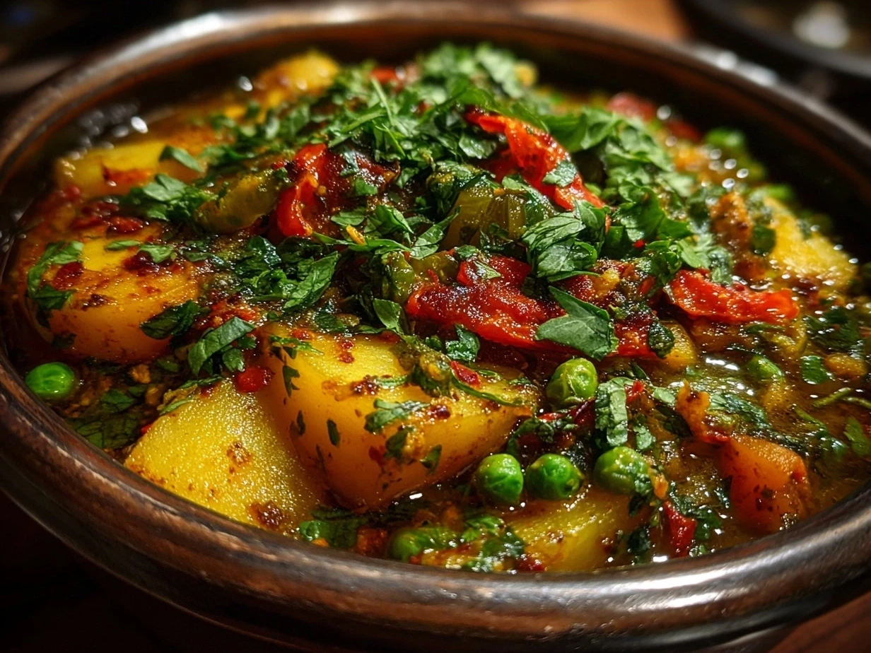Serving Crockpot Potato Pea Curry with rice and naan bread
