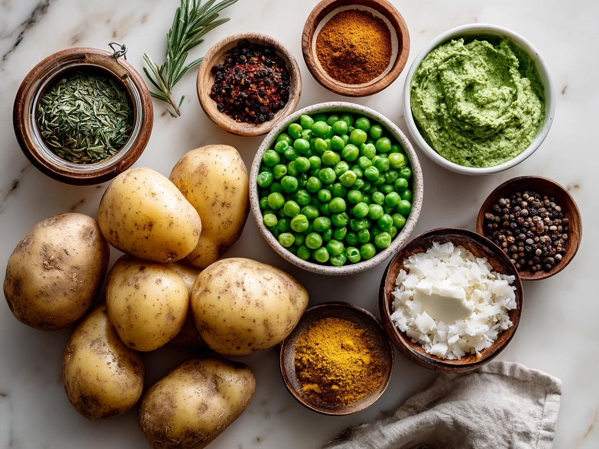 Ingredients for Crockpot Potato Pea Curry displayed on a kitchen counter