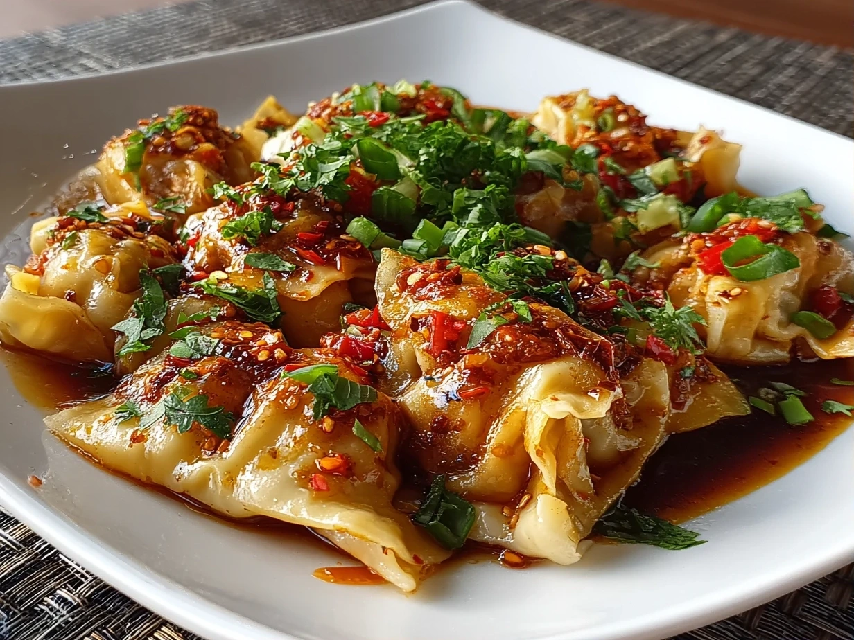 Delicious Spicy Wontons in Chilli Sauce Close-up