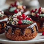 Festive Mini Christmas Cakes with Ganache on white plate