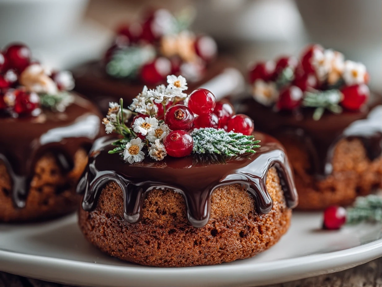 Festive Mini Christmas Cakes with Ganache on white plate