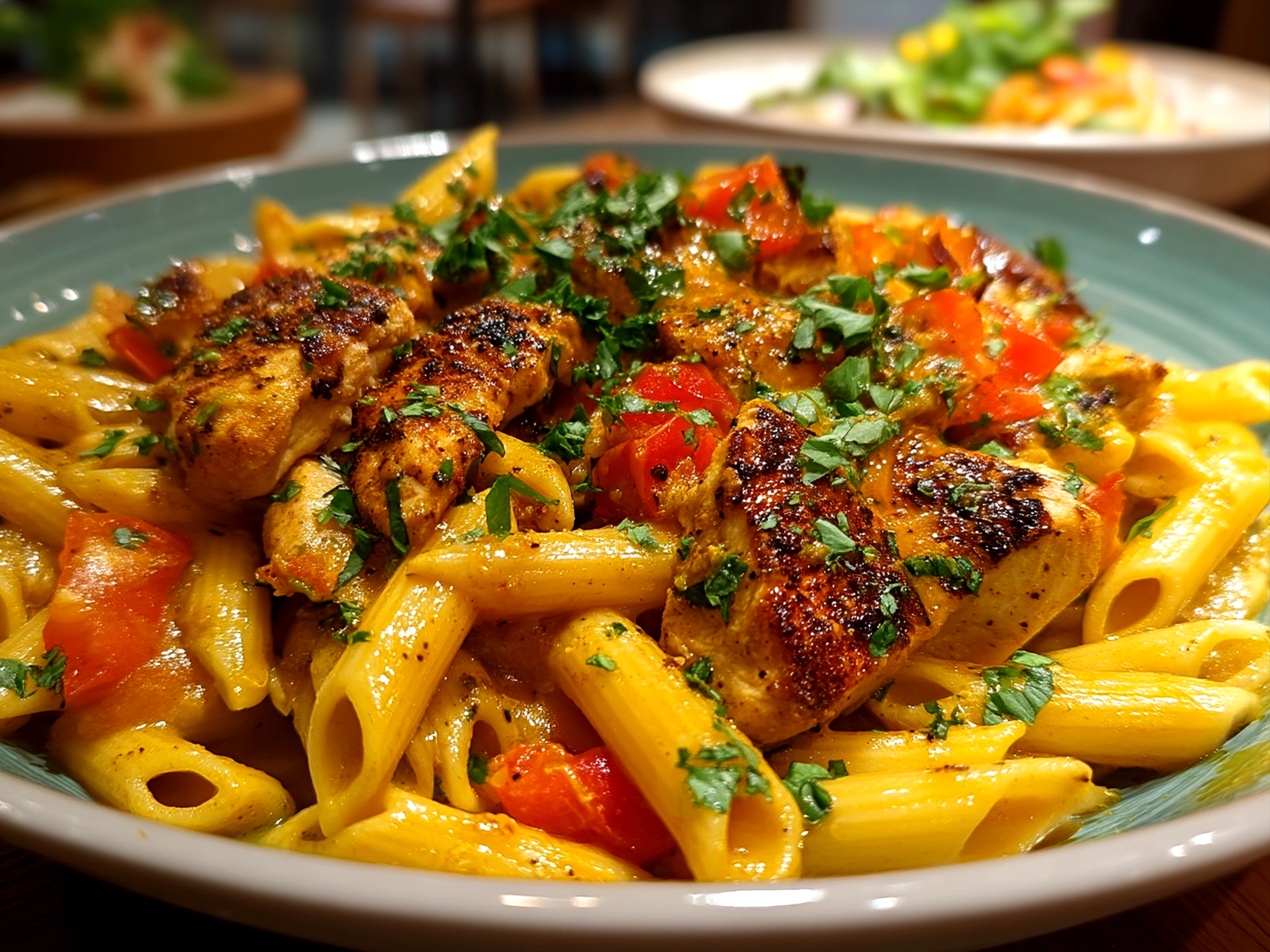 Close-up of a creamy Cajun Chicken Pasta served on a plate garnished with parsley