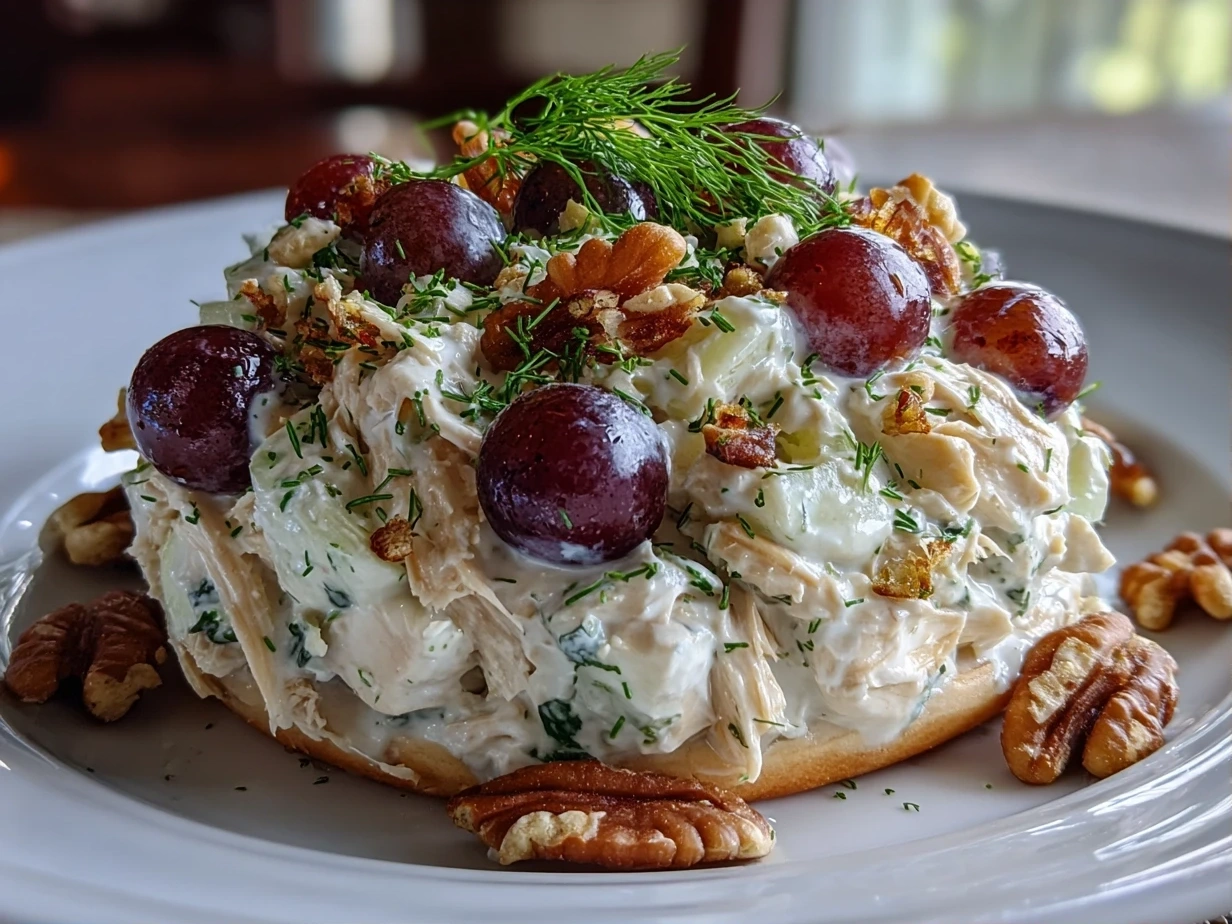 Finished creamy Chicken Salad Chick Grape Salad close-up showing texture and pecan topping