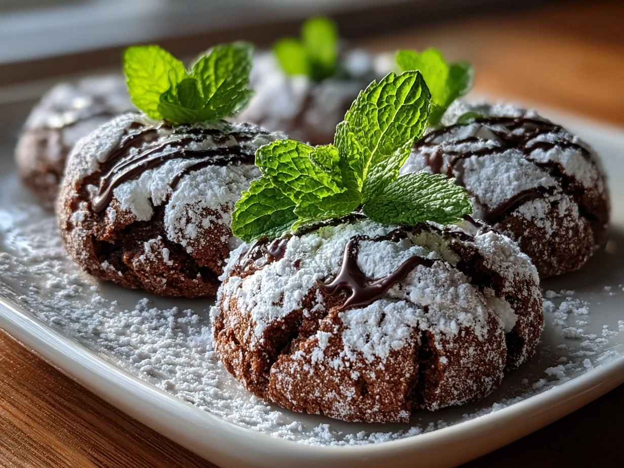 Close-up view of freshly baked Chocolate Mint Crinkles with powdered sugar cracks