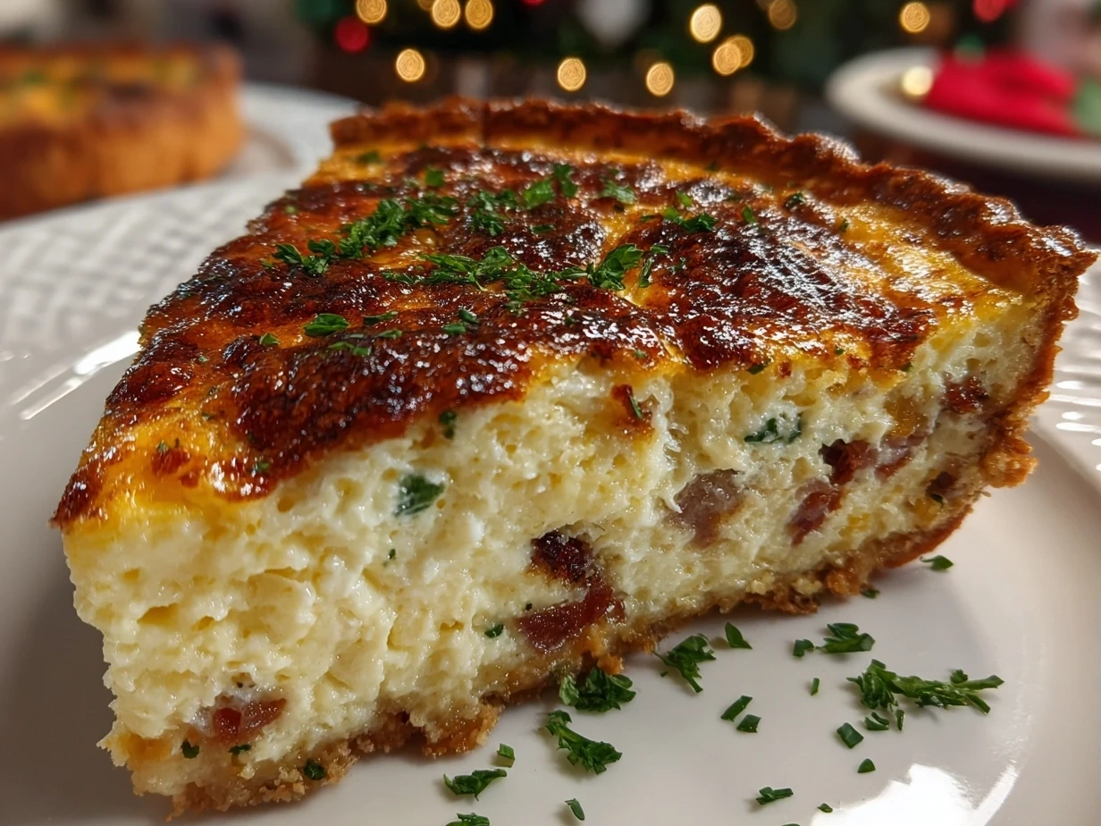 Finished Christmas Morning Quiche ready to serve, golden brown and delicious