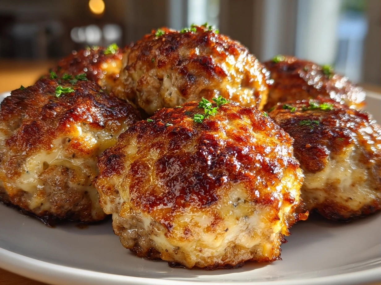 Close-up of finished golden baked cream cheese sausage balls served warm