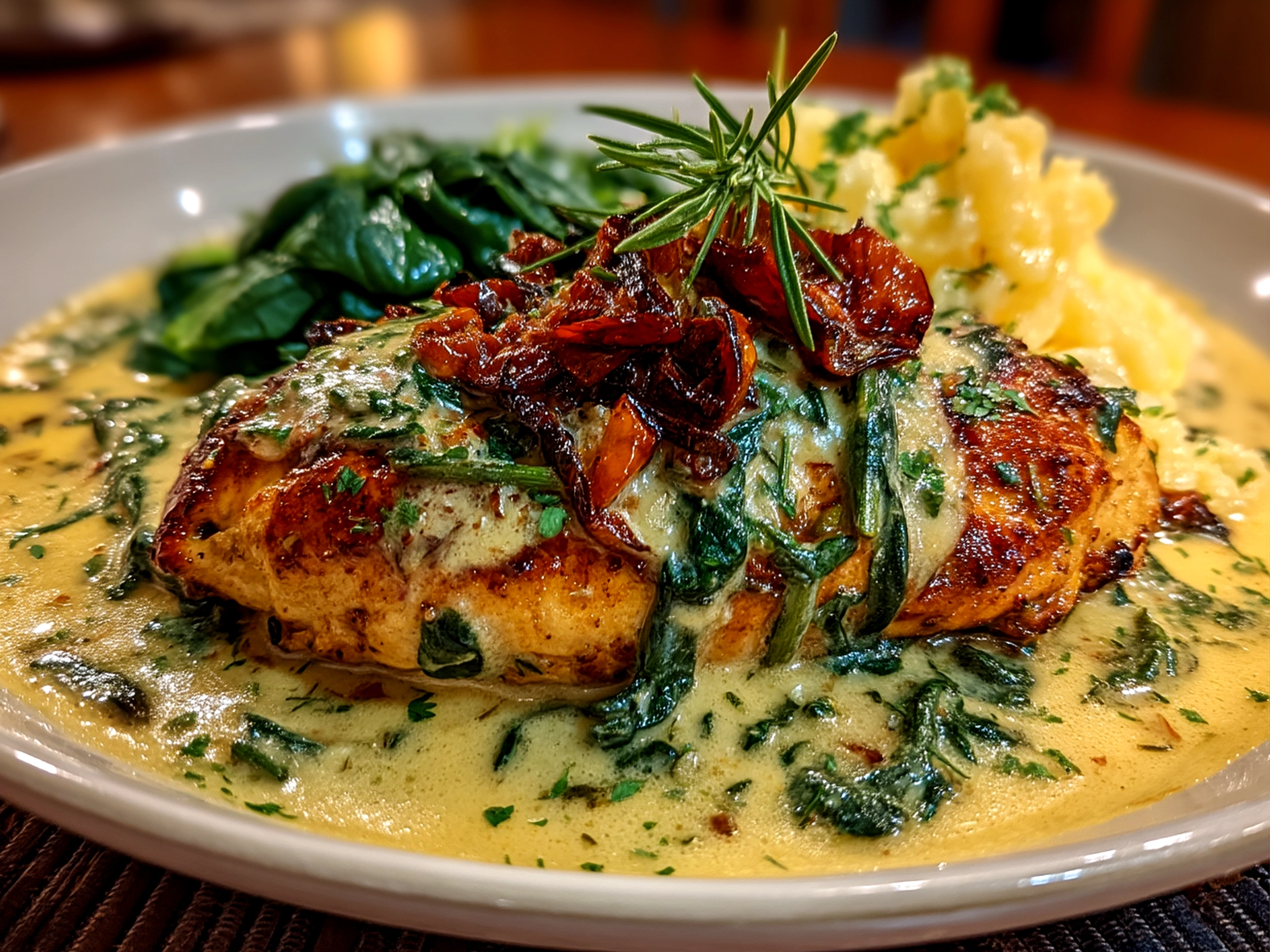 Close-up of finished creamy Tuscan chicken on plate