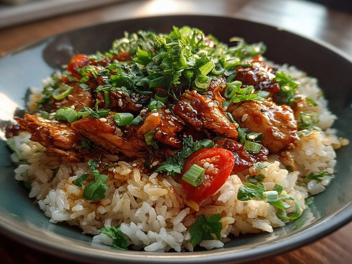 Close-up of finished Honey Sriracha Chicken Rice Bowl with glossy sauce and fresh garnishes