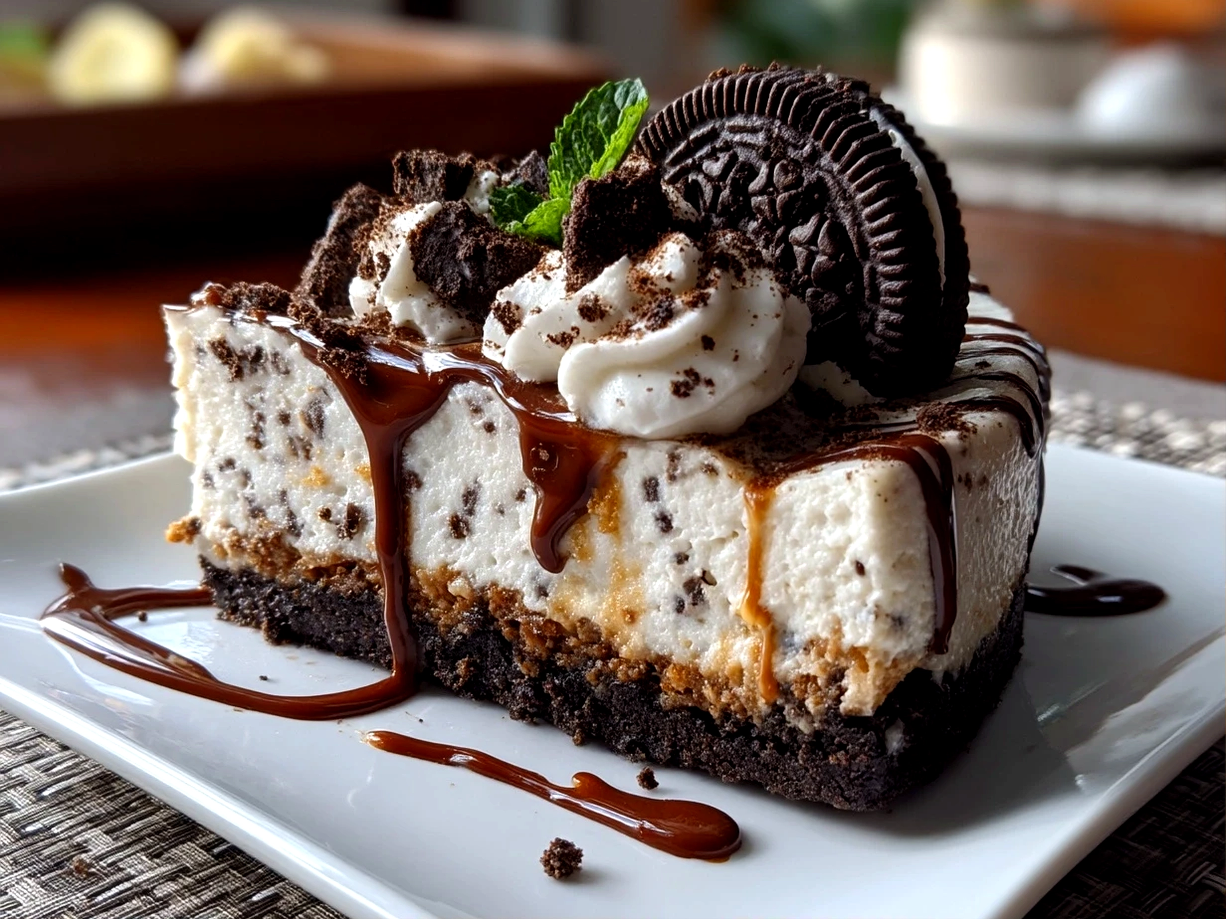 Close up of finished No Bake Oreo Cheesecake showing creamy texture and Oreo crumb topping