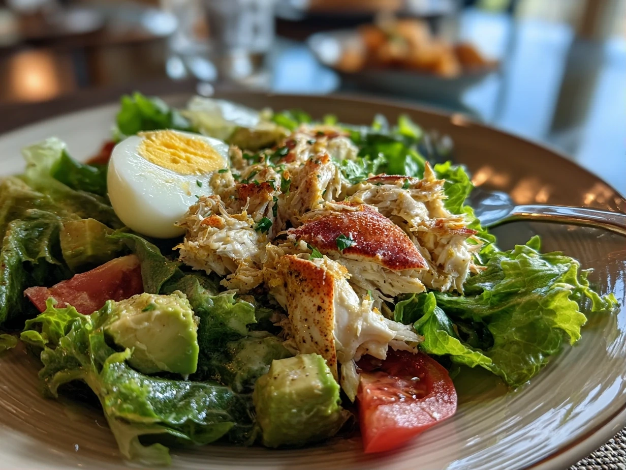 Close up of the finished Paleo Crab Louie salad showing vibrant crab meat, fresh veggies, and creamy dressing