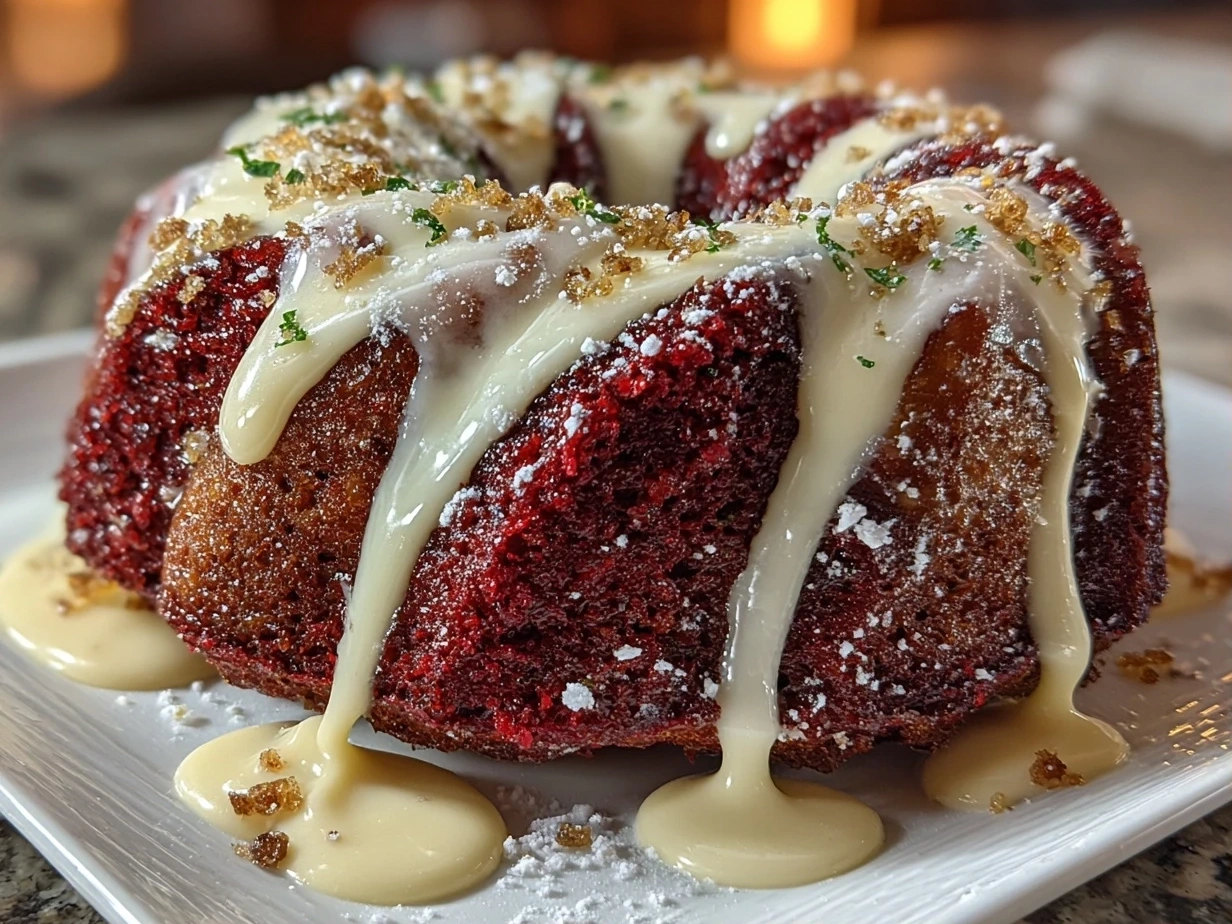Finished Red Velvet Cream Cheese Bundt Cake sliced and ready to serve