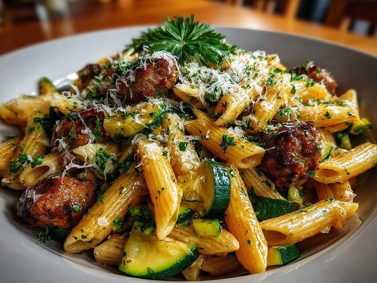 Close-up of finished creamy Sausage and Courgette Pasta ready to serve