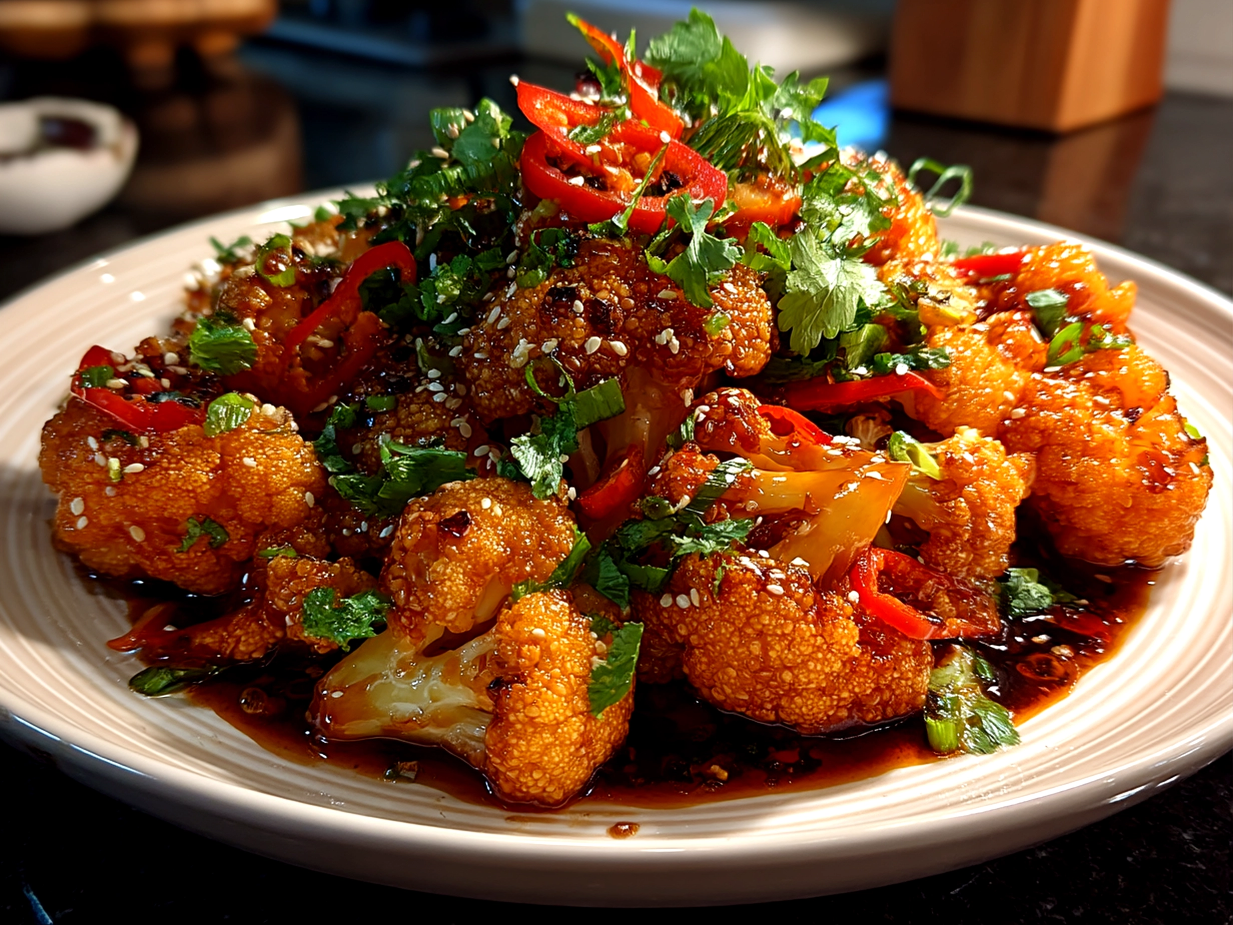 Close-up of finished Spicy Korean Cauliflower Dish ready to serve